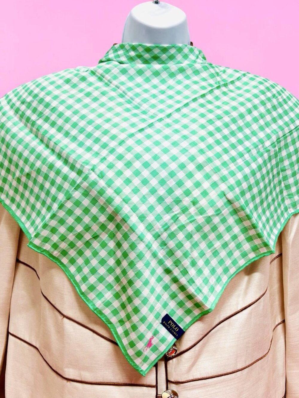 New Polo Ralp Raurent Mini Scarf/Handkerchief  cotton 20"  Green wihte check(89